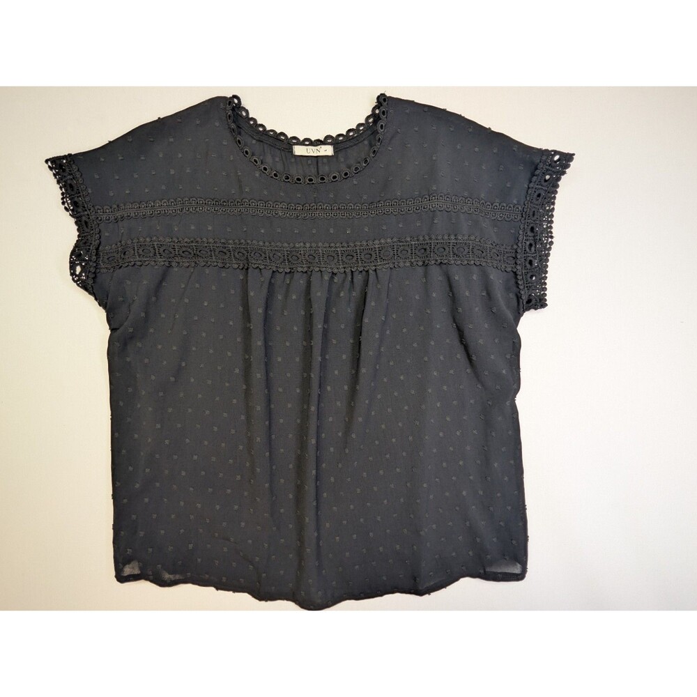 UVN Black Lace Crochet Blouse Large L Swiss Dot Babydoll Boho Chiffon Button...
